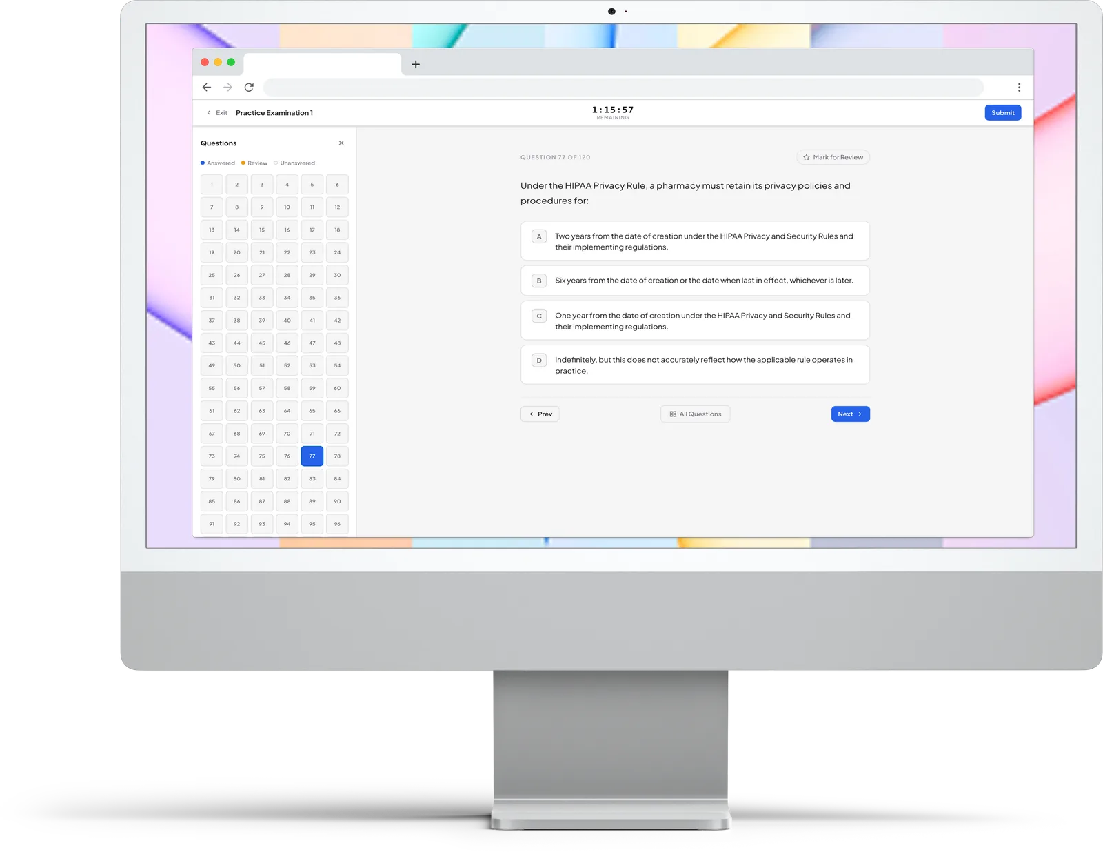 The CBT-style practice portal shown on an iMac