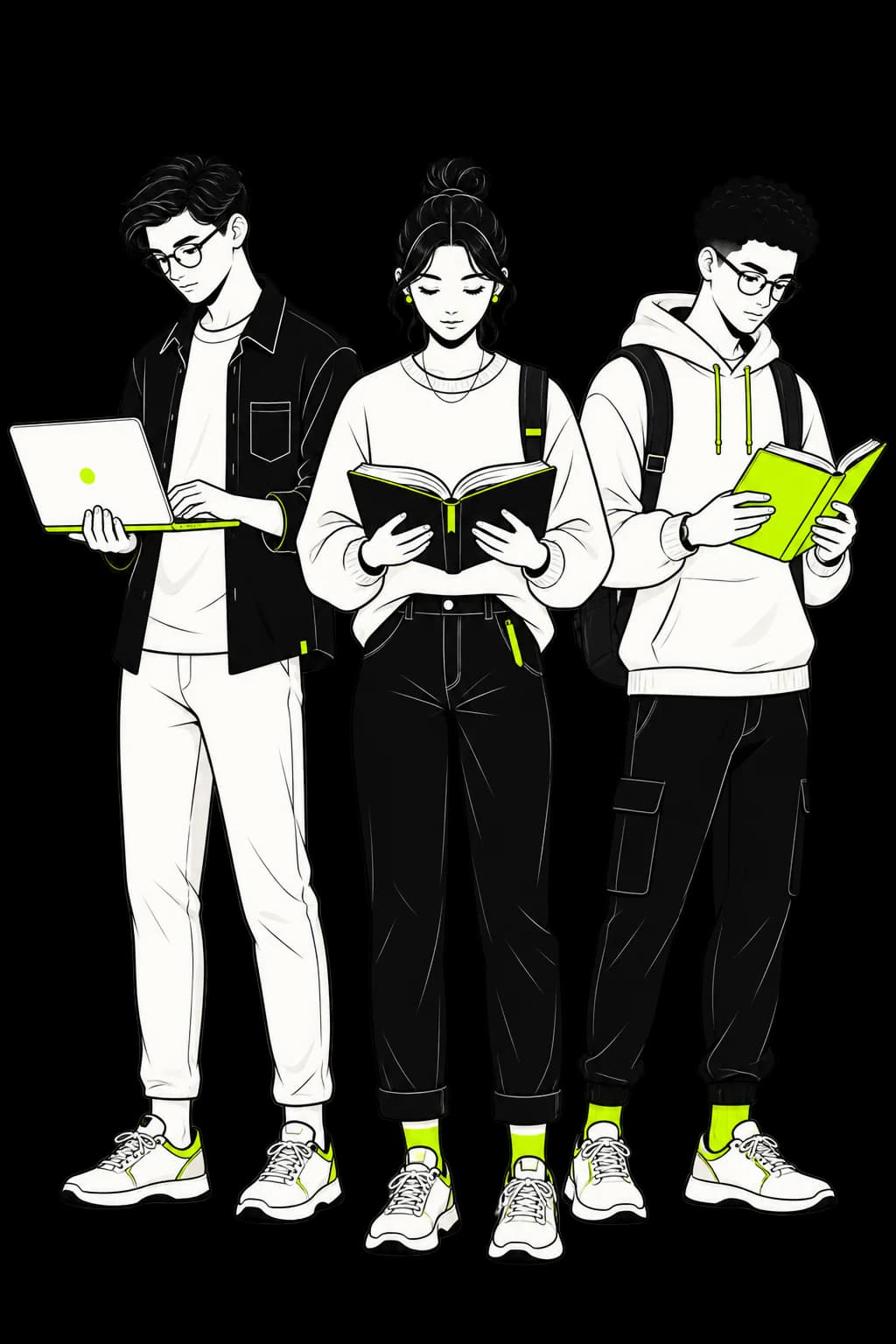Three students studying with books and a laptop